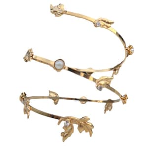 Boho Gold Crystal Bridal Arm Cuff Bracelet, Leaf Arm Band, Greek Goddess Lower Arm Bracelet, Arm Bangle, Bridesmaid Bracelet, Warp Bracelet