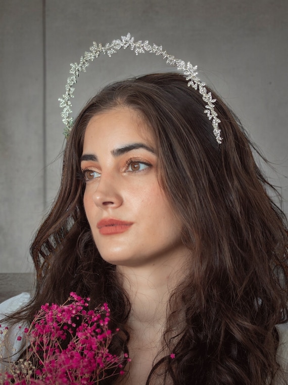 Silver Leaf Rhinestone Halo Crown, Bridal Crystal Laurel  display picture 1
