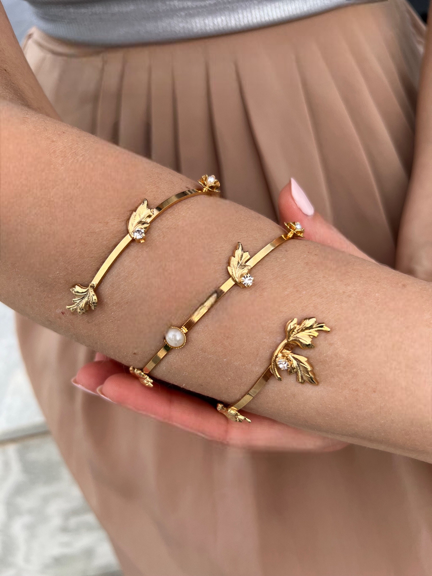 Boho Gold Crystal Bridal Arm Cuff Bracelet, Leaf Arm Band