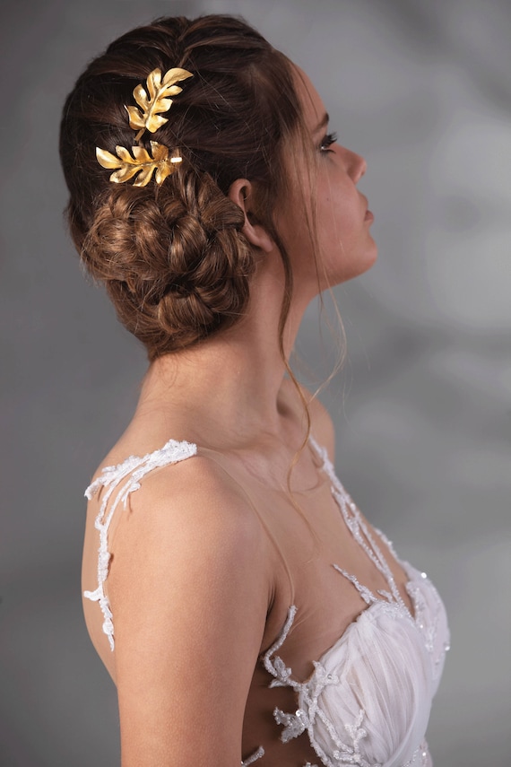 NEW Maid of honor Gold lace  headpiece hair clip Wedding Leaf Hair Pins, Bridal Gold Hair Pins, Wedding Hair  main image 3