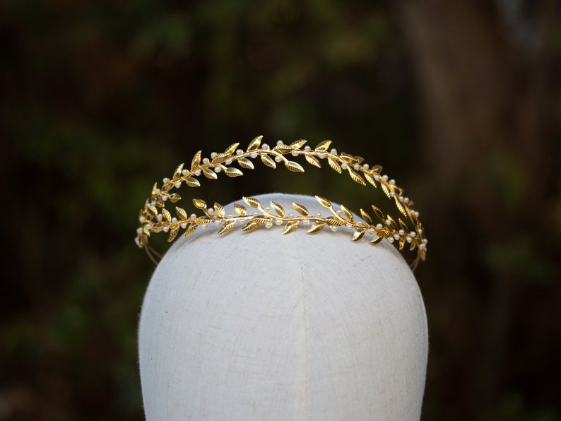 Bridal Laurel Leaf Gold Halo Crown, Greek Goddess Olive Headpiece, Wedding Crown Headband, Roman Hair Vine Headpiece, Laurel Wreath Tiara image 7