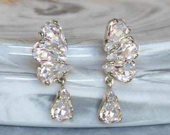 Elegant Silver Crystal Bridal Stud Earrings, Delicate Wedding Cluster Earrings, Drop Dangle Earrings, Wedding Jewelry, Bridesmaids Earrings