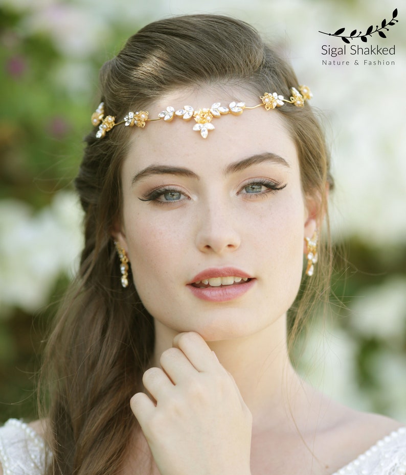 Wedding Hair Vine Bridal Crystal Wreath Boho Headpiece Forehead Band Bridal Tiara Wedding Crown Crystal Wreath Pearl Hair Wreath