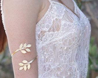 Grecian Arm Bracelet, Gold Leaf Bracelet, Cuff Bracelet, Wedding Bracelet, Body Jewelry, Upper Arm Cuff, Gold Arm band, Bridesmaid Gift