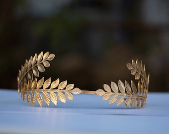 Corona griega, corona de hoja de laurel, corona de hoja de oro nupcial, tiara de oro, tocado de hoja, tocado de novia, tocado de boda, diadema de hoja, Boho