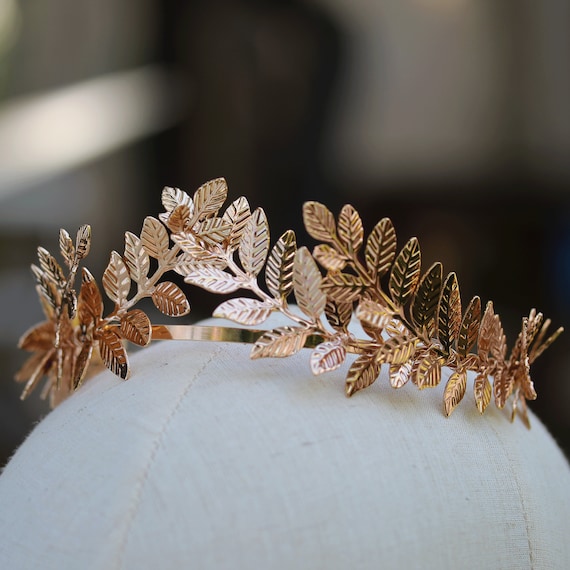 Laurel Leaf Rose Gold Wedding Halo Crown, Greek Goddess 