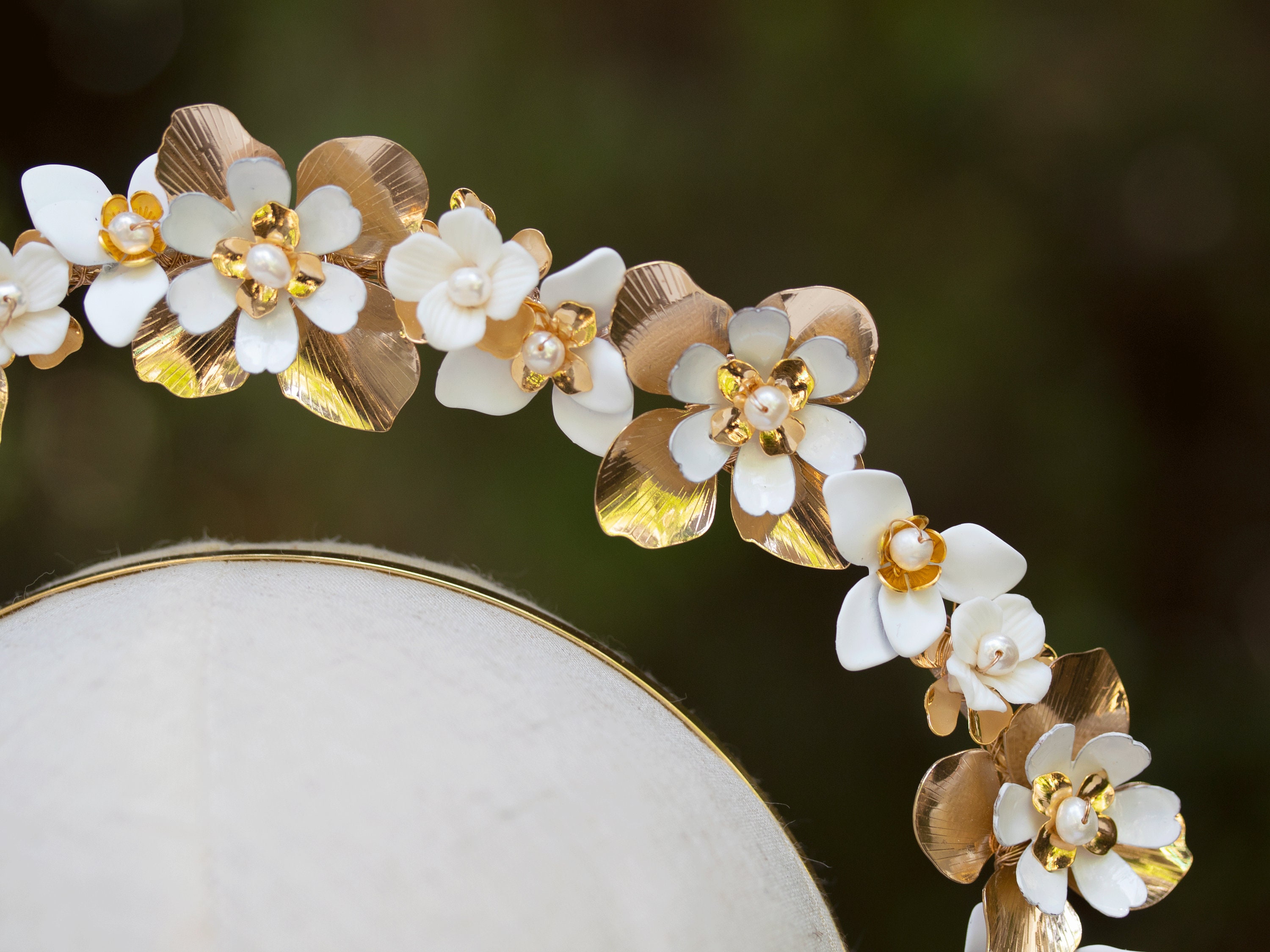 Boho Bridal Flower Halo Headband, Goddess Gold Flower Crown 