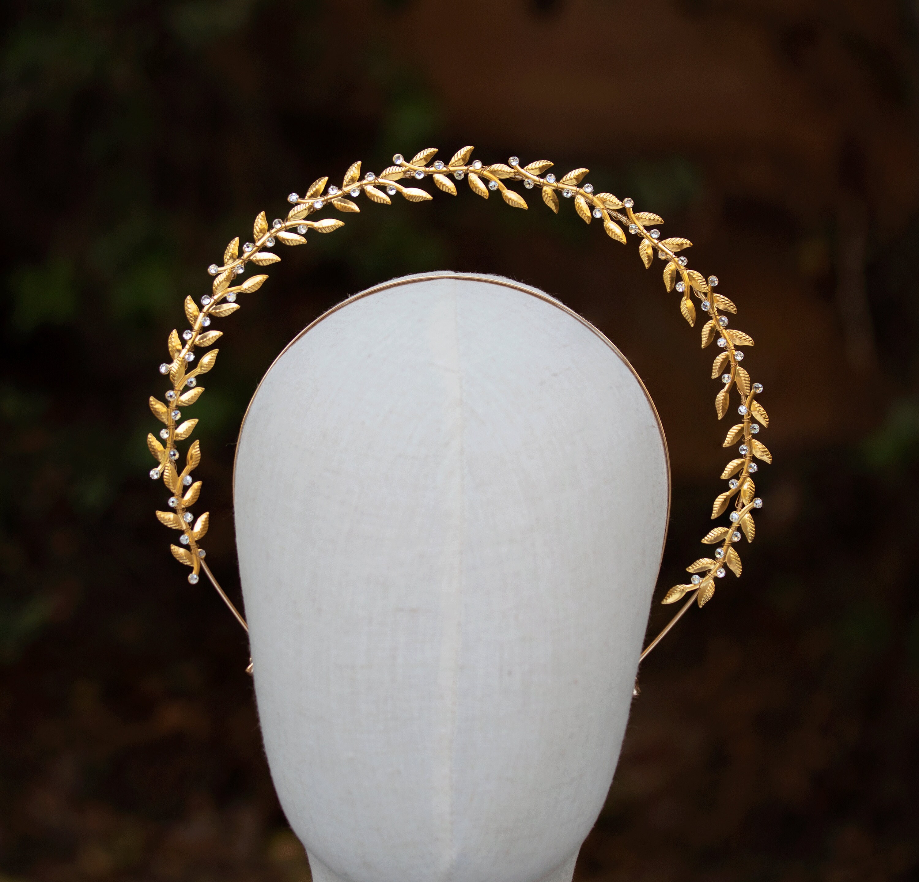 Laurel Leaf Gold Crystal Wedding Halo Crown, Goddess Bridal 
