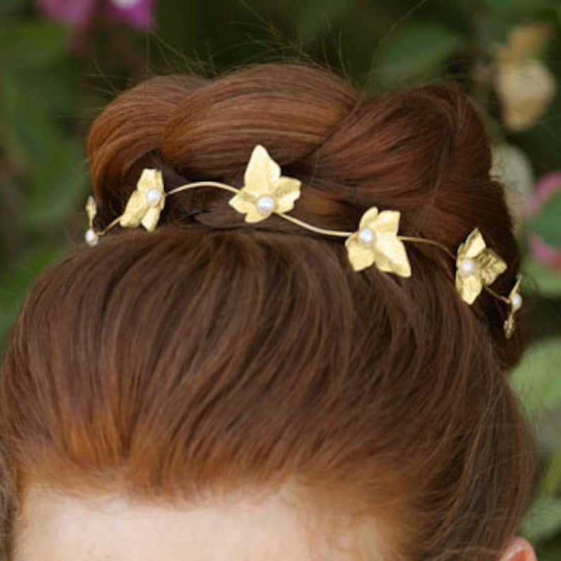 Bridal Tiara Boho Headpiece Bridal Hair Accessory Gold Headband Gold Pearl Wreath Bridesmaid Band Bridal Hair Leaves Bridal Headband