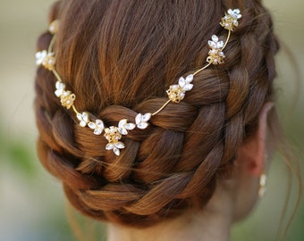 Pearl + Rhinestone Gold Halo Hair Piece, Wedding Accessory  display picture 3