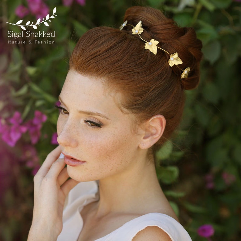 Bridal Tiara Boho Headpiece Bridal Hair Accessory Gold Headband Gold Pearl Wreath Bridesmaid Band Bridal Hair Leaves Bridal Headband
