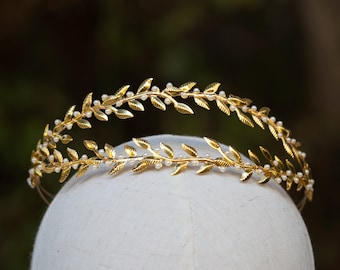 Corona de halo de oro de hoja de laurel nupcial, tocado de oliva de diosa griega, diadema de corona de boda, tocado de vid de cabello romano, tiara de corona de laurel