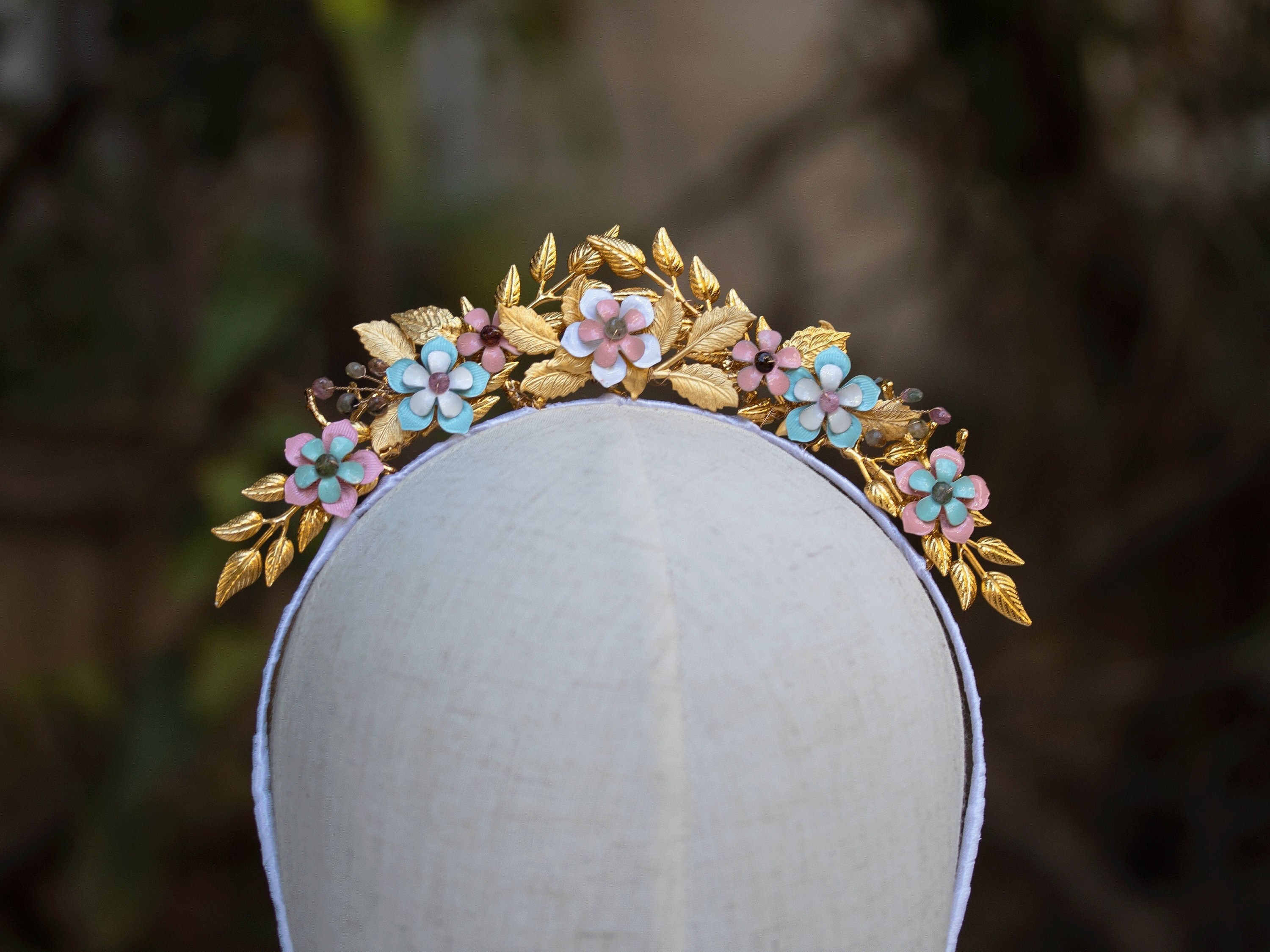 Gold Laurel Leaf Wedding Crown with White Flowers DAPHNE | Statement Laurel Leaf Wedding Crown – shenoblesse main image 3