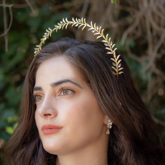 Laurel Leaf Gold Crystal Wedding Halo Crown | Goddess Bridal  display picture 3