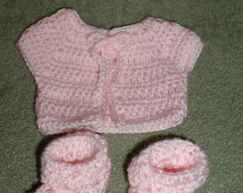 Hand Crochet Pink Preemie Set - Shirt, Hat, Booties