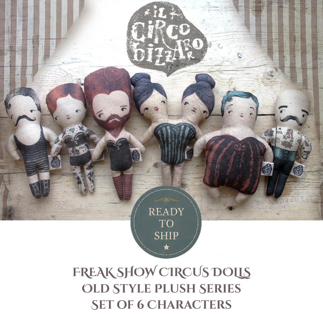 アンティーク雑貨 Little Circus Dolls. 6 Circus Dolls Set, Freak Show Vintage Style, Handmade Cotton