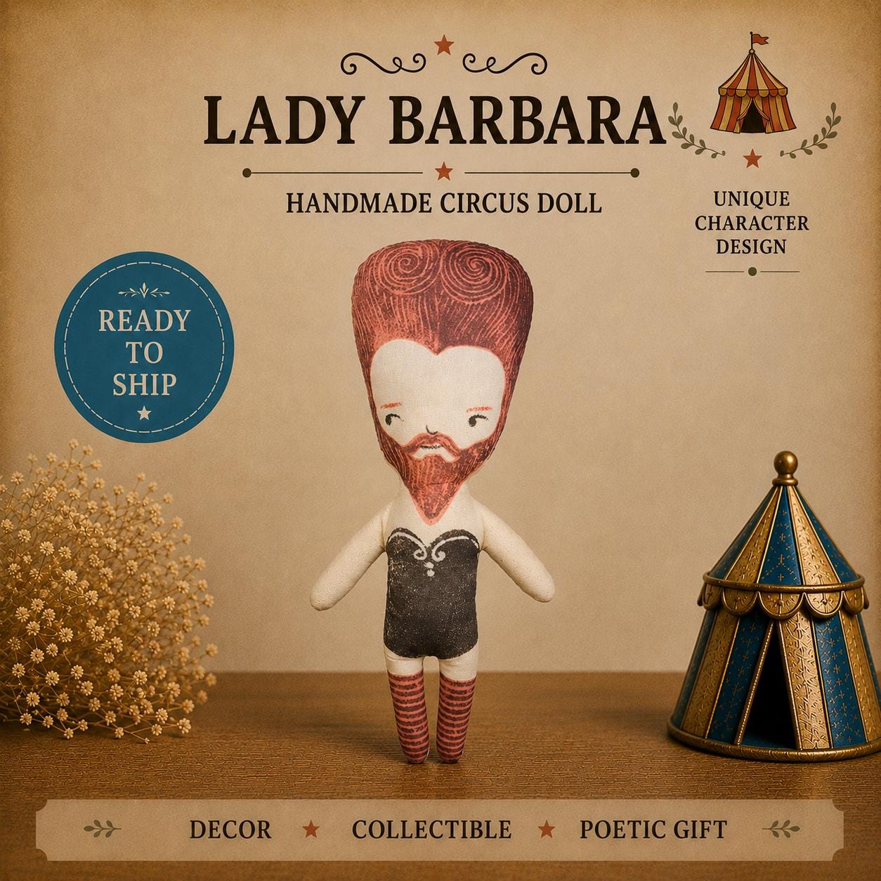 6 Circus Dolls Set, Freak Show Vintage Style, Handmade Cotton