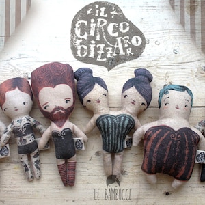 6 Circus Dolls Set, Freak Show vintage style, handmade cotton plushies, unique collectible characters, 8.6 inch