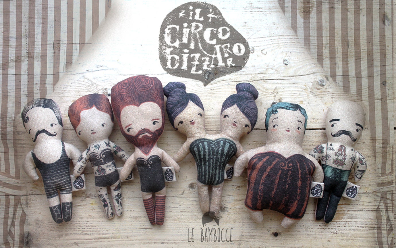 アンティーク雑貨 Little Circus Dolls. 6 Circus Dolls Set, Freak Show Vintage Style, Handmade Cotton