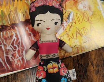 Frida Kahlo art doll, printed cotton doll, original design, Frida doll, h 25 cm, 9,8 inches, boho chic, gift for her, home decor.