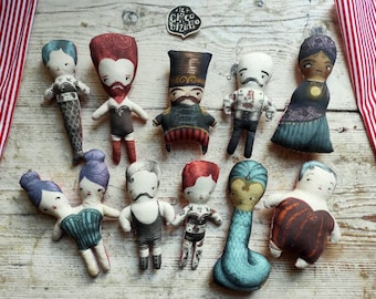 Complete set of 10 Bizarre Circus Dolls, stuffed doll, Freak Show, Old Style, vintage with tattoos, h 9,8 inch, collection for circus lovers