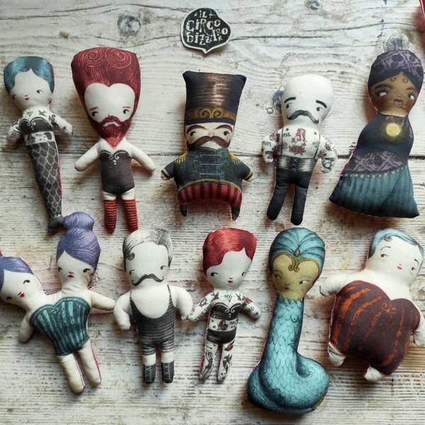 Complete set of 10 Bizarre Circus Dolls, stuffed doll, Freak Show, Old Style, vintage with tattoos, h 9,8 inch, collection for circus lovers