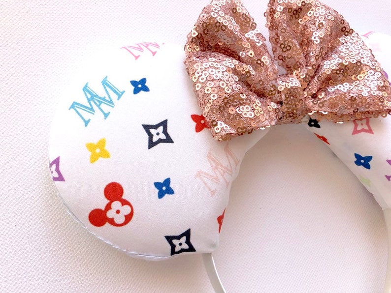 Pink Bow Louis V Leather Minnie Ears, Designer Minnie Ears, Disney Minnie  Ears