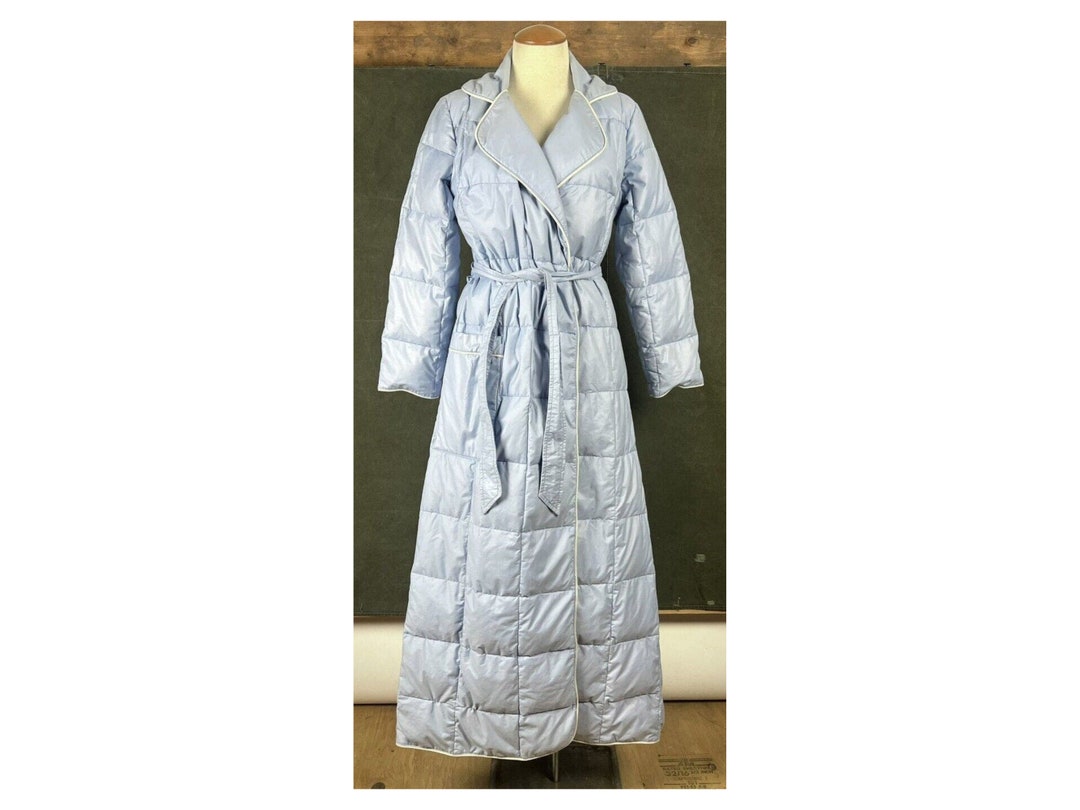 Vintage Eddie Bauer Goose Down Robe Blue Quilted Puffer Long Trench 70s