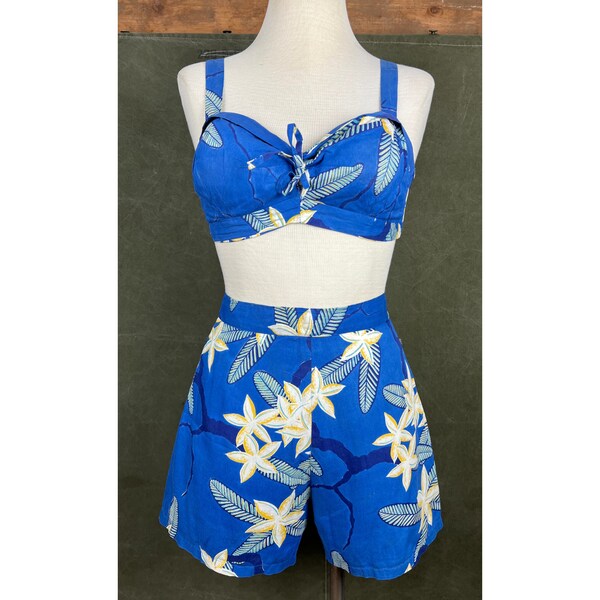 1950s Hoaloha Vintage Hawaiian Floral Print Shorts and Bikini Top Playsuit