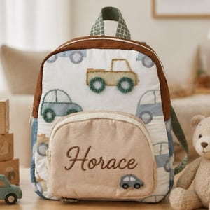 Personalized Toddler Car Print Backpack, Back to School Gift for Boys & Girls, Children's Book Bag, Kindergarten Gift, Summer Camp Bag