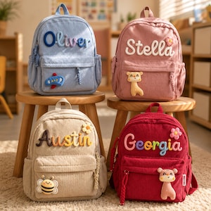 May include: Four corduroy backpacks in light blue, pink, beige, and dark red. Each bag features a top handle, a front zippered pocket, and a personalized name in raised letters. Decorative patches include an airplane, a bee, and animal figures.
