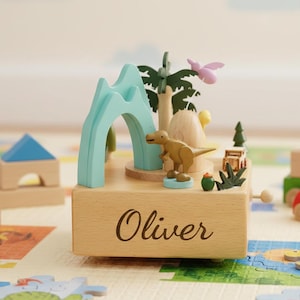Personalized Wooden Rotating Train Music Box – Dino World, Castle, Mountain, Balloon Bear, Engraved Name Nursery Gift, Baby Shower Gift,