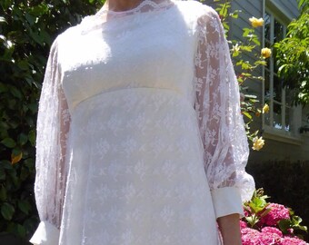 1960s Vintage Wedding Dress / Vintage White Lace Wedding Dress with Chapel Length Train and Illusion Lace Sleeves / Boho Chic Wedding Dress