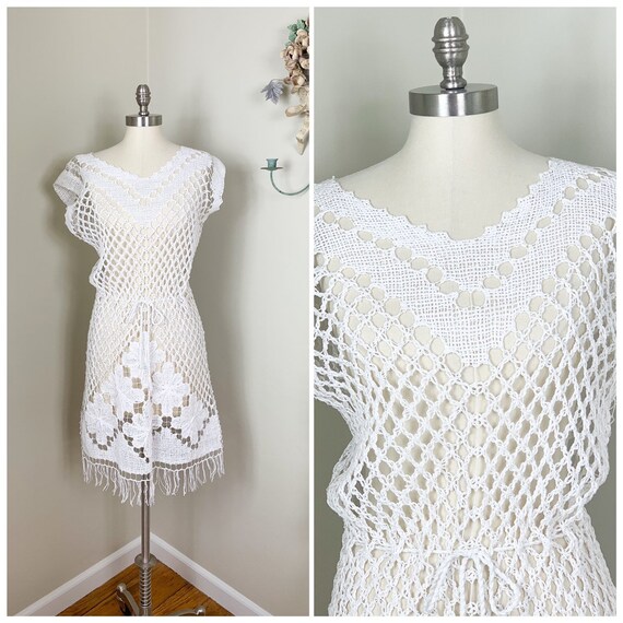 Hand Crochet White Cotton Fringe Dress | Peek-a-B… - image 6