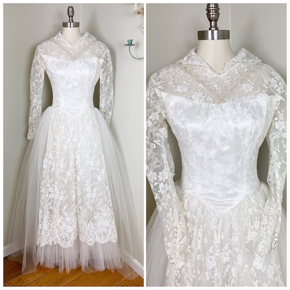 1950s Vintage Lace and Tulle Wedding Dress | 50's… - image 1
