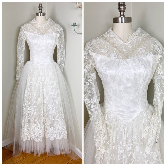 1950s Vintage Lace and Tulle Wedding Dress | 50's… - image 1