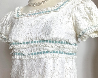 1960's Vintage Victorian Inspired Lace Sheath Wedding Dress | White Lace Light Blue Velvet Trim Bridal Gown w Puff Sleeve | Vintage Bridal