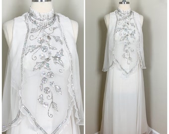 1980s Custom 1970s Sleeveless White Ballerina Length Wedding Dress | Vintage Wedding Dress Gown with Sequins, Beads and Rhinestones