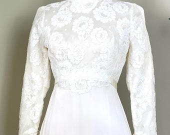 1960s Victorian Inspired Vintage Steampunk Wedding Dress with Chapel Train / Victorian, Edwardian Dress / Long Sleeve Vintage Wedding Dress