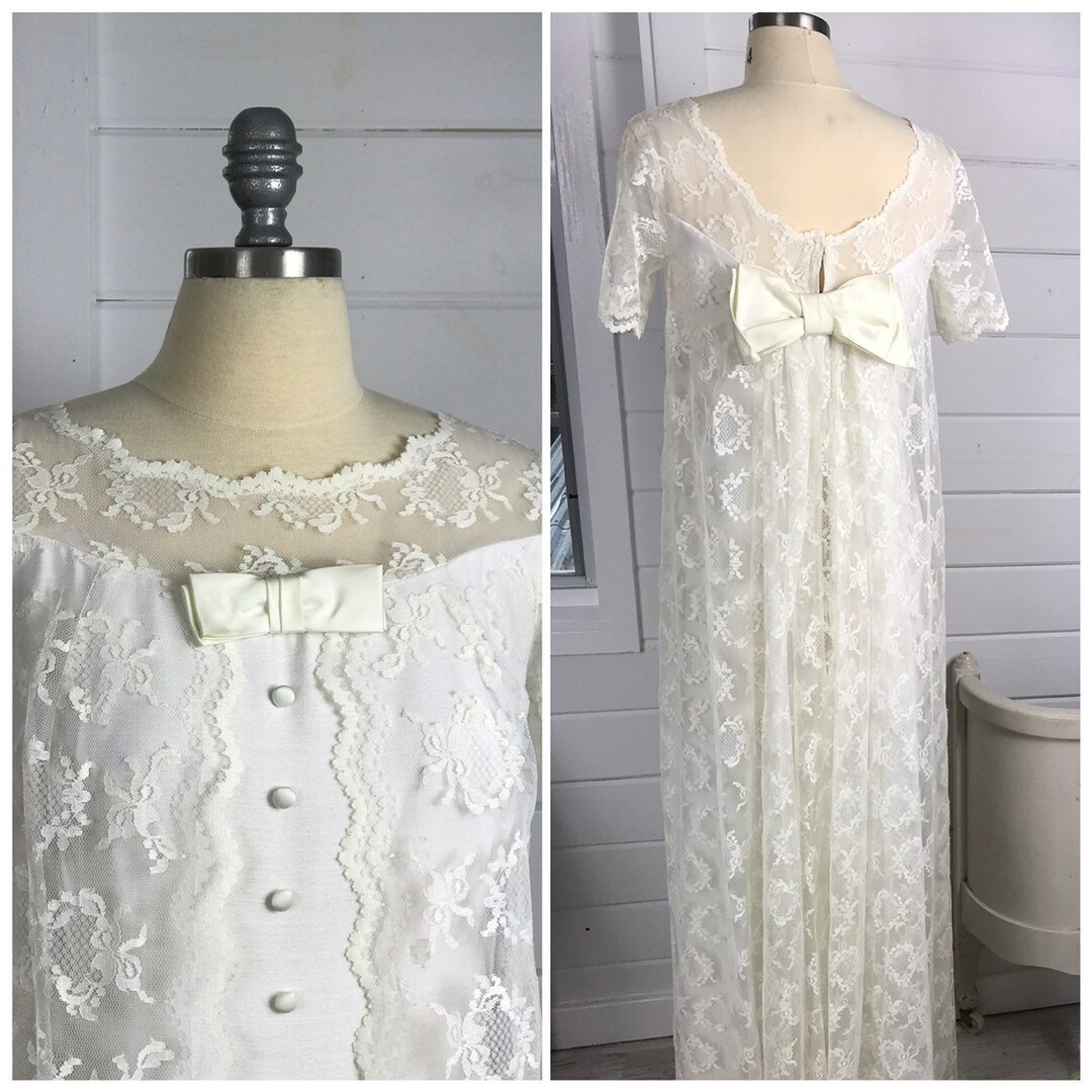 1960s Vintage Linen Wedding Dress With Lace Overdress and Satin Buttons
