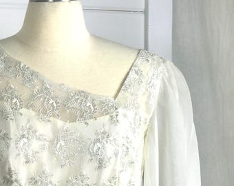 1960s Vintage White and Silver Metallic Lace and Chiffon Wedding Dress / Vintage Lace Wedding Dress / Floor Length Wedding Dress / 1960s