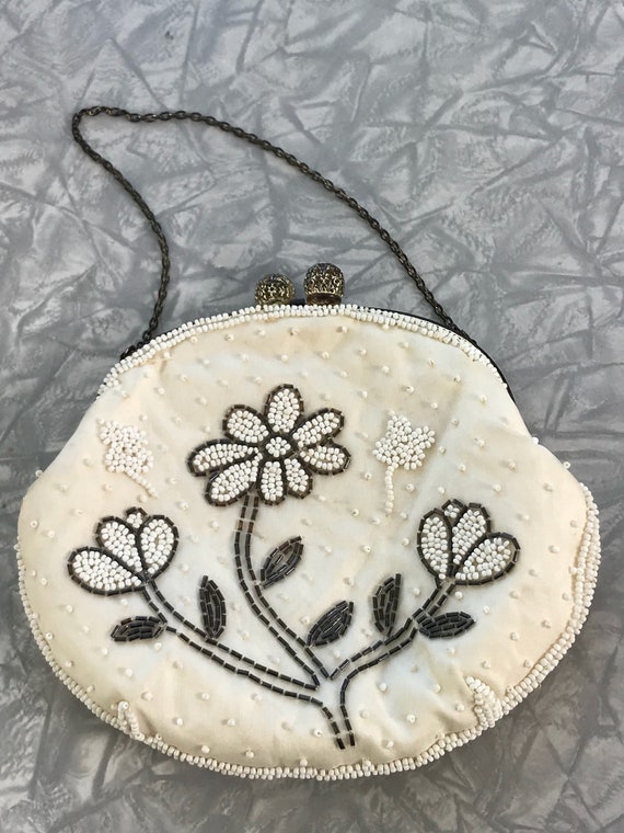 1950s Vintage Beaded Bridal Bag with Floral Design