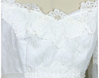 1960s Vintage Wedding Dress / Vintage White Lace Wedding Dress with Chapel Length Train and Illusion Lace and Chiffon Sleeves / Boho Chic