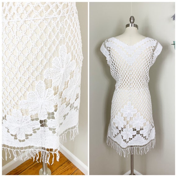 Hand Crochet White Cotton Fringe Dress | Peek-a-B… - image 4