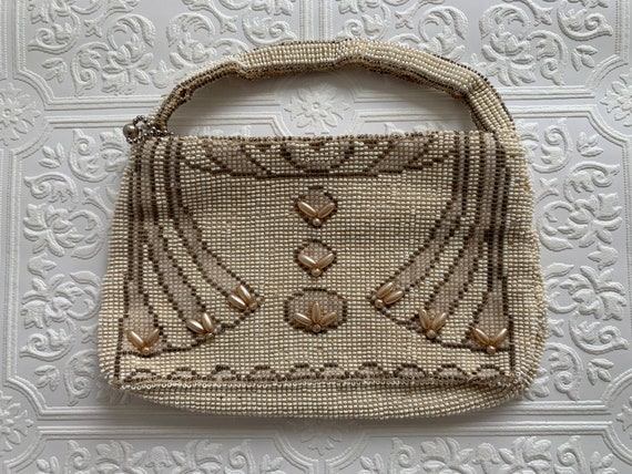 Vintage hand beaded Art Deco bridal clutch with C… - image 1