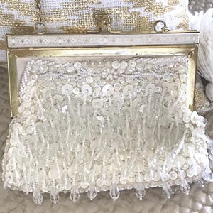 1950s Vintage Beaded Bridal Bag with Crystal Drop Beads / 1950s Beaded Bridal Shoulder Purse / Vintage Bridal Purse / 1950s