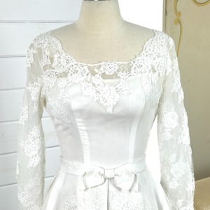 1950s Vintage Chiffon and Alencon Lace Wedding Gown with Illusion Nexkline and Sleeves  | White Chiffon and Lace Vintage Wedding Dress | 50s