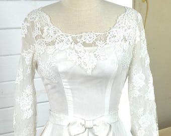 1950s Vintage Chiffon and Alencon Lace Wedding Gown with Illusion Nexkline and Sleeves  | White Chiffon and Lace Vintage Wedding Dress | 50s