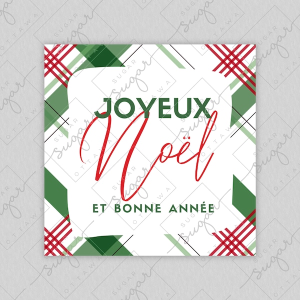 French Merry Christmas Joyeux Noel Plaid 2" Square Cookie Printable Holiday Gift Tag