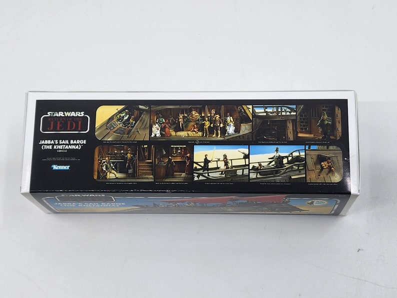 May include: A Star Wars Return of the Jedi Kenner toy box featuring Jabba's Sail Barge (The Khetanna). The box has a black background with a white border and shows multiple images of the toy and characters from the film.